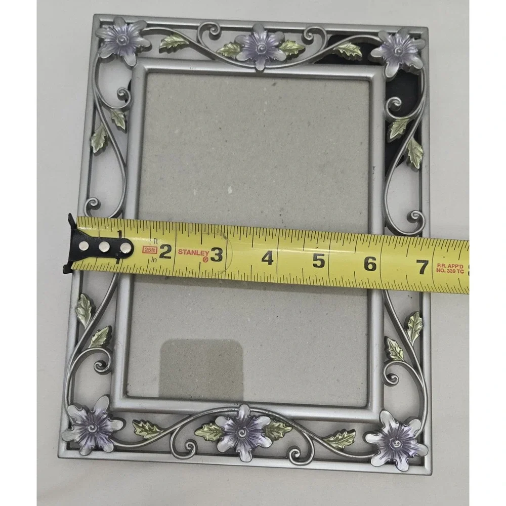 Vintage Ornate Silver Metal 5x7 Picture Frame with Purple Enamel Flowers